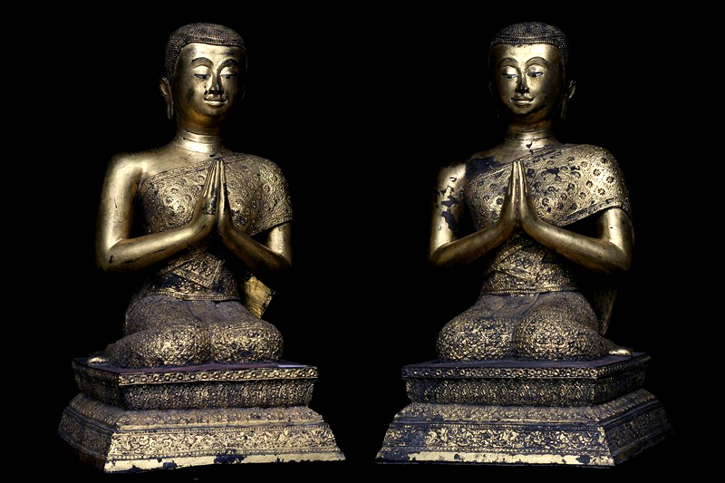 Pair Of 19C Bronze Thai Rattanakosin Buddhist Monks #HD397
